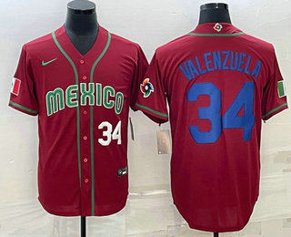 Mens Mexico Baseball #34 Fernando Valenzuela Number 2023 Red Blue World Baseball Classic Stitched Jersey1